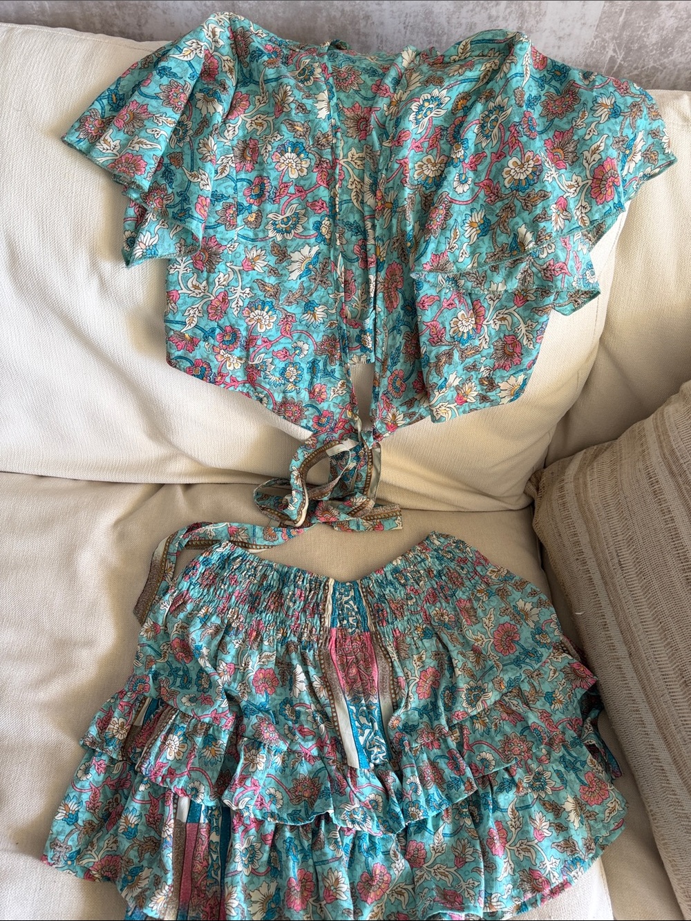 Boho Floral Tie-Front Crop Top & Ruffle Mini Skirt Set - Turquoise Floral